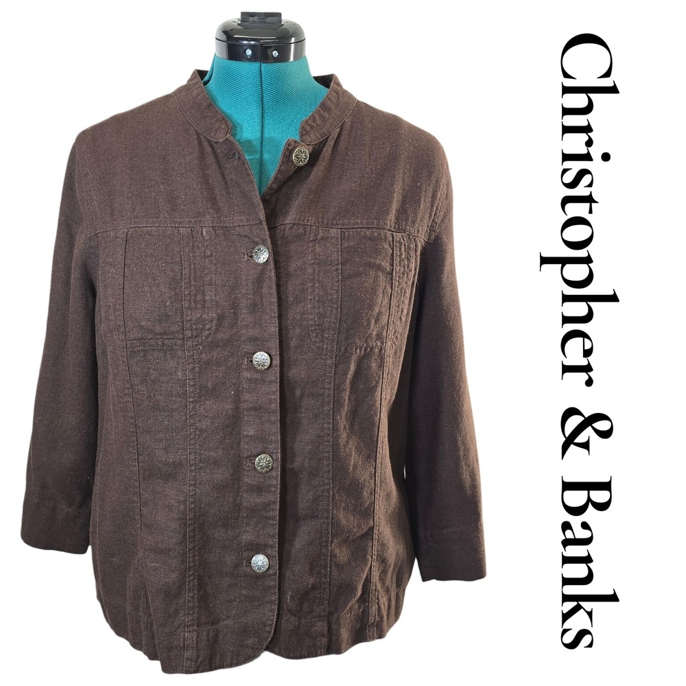 Christopher & Banks Women Brown Linen Blend Button Front Collarless Jacket L